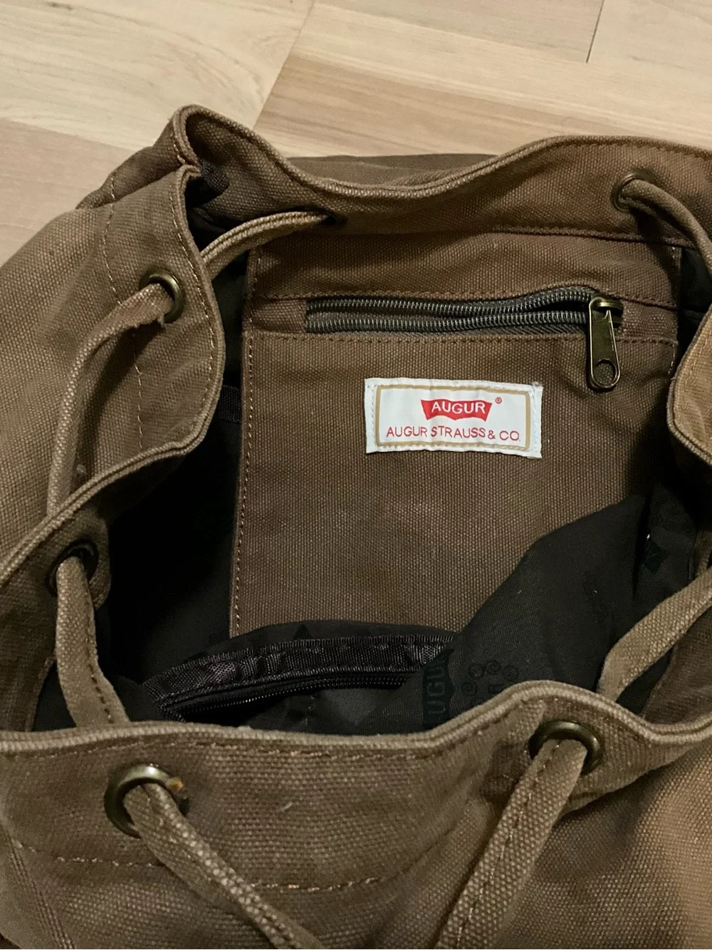 Brown Augur Strauss Canvas Drawstring Backpack with Leather Accents